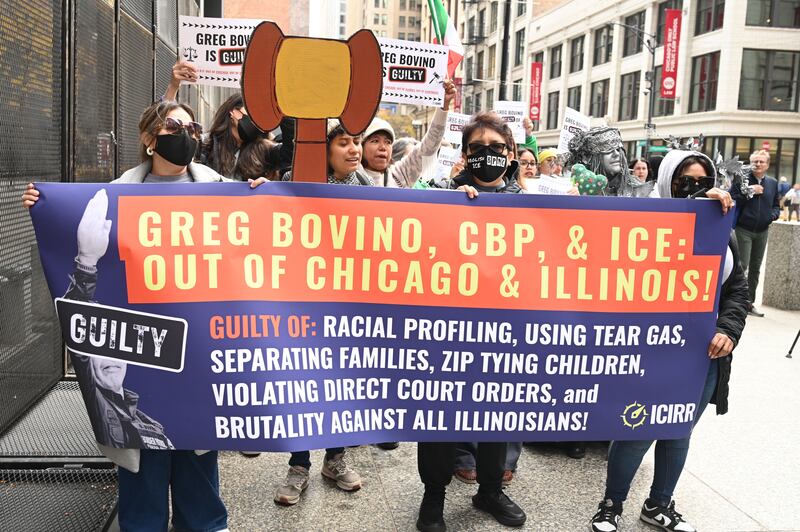 Protesters gather outside the Everett McKinley Dirksen United States Courthouse in downtown Chicago, demanding accountability and punishment for Gregory Bovino