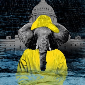 Elephant wearing a yellow rain slicker and hat in front of the US capitol building in flooded water