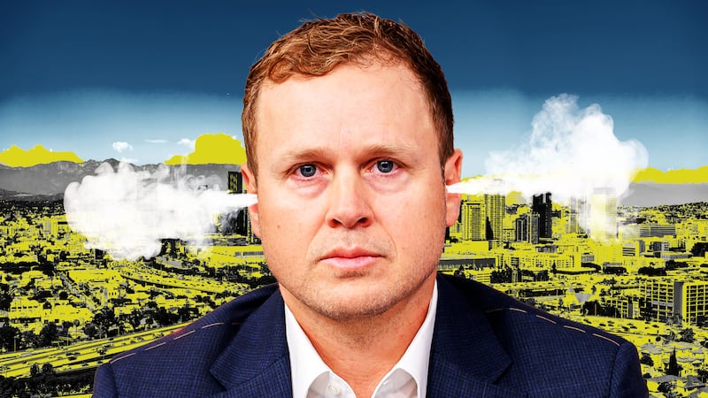 Illo illustration of Spencer Pratt in front of a photo of Los Angeles with steam coming out of his ears