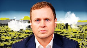 Illo illustration of Spencer Pratt in front of a photo of Los Angeles with steam coming out of his ears