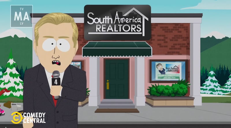 South Park, reporter talking in front of realtor store