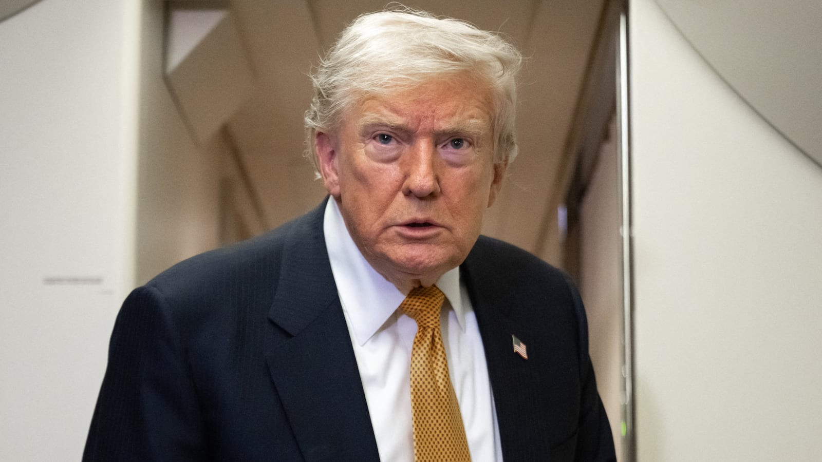 President Donald Trump speaks with the media aboard Air Force One shortly after departure from Mildenhall Air Force Base in the United Kingdom, after he switched from the old VC-25A Air Force One to the newer VC-25B Bridge Air Force One, enroute to Washington, on July 8, 2026. Trump is returning from the NATO Summit in Turkey.