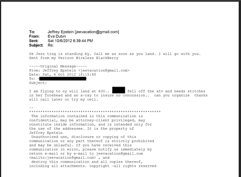 An email from Eva Dubin to Epstein offering to help following the "accident."