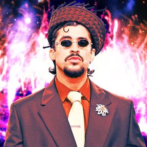 A photo illustration of Bad Bunny in front of a Super Bowl Halftime show.