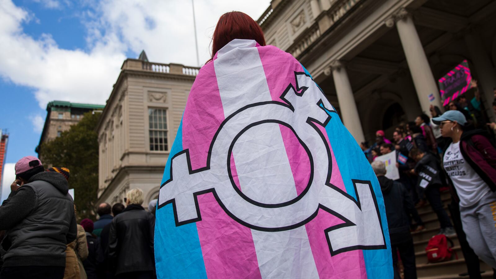 L.G.B.T. activists and their supporters rally in support of transgender people on the steps of New York City Hall, October 24, 2018 in New York City.