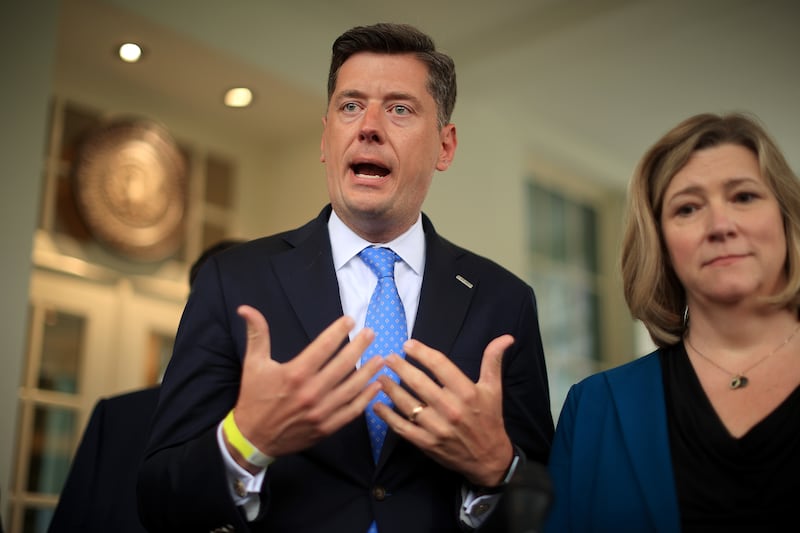 WASHINGTON, DC - JULY 14: Oklahoma City Mayor David Holt (L) and Dayton Mayor Nan Whaley talk to reporters outside the West Wing following a meeting with U.S. President Joe Biden and a bipartisan group of city and state political leaders about infrastructure at the White House on July 14, 2021 in Washington, DC. Vice President Kamala Harris, Commerce Secretary Gina Raimondo and Labor Secretary Martin Walsh also attended the meeting. (Photo by Chip Somodevilla/Getty Images)