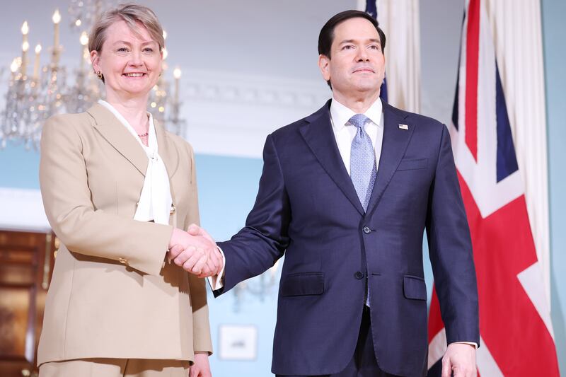 WASHINGTON, DC - APRIL 29: Foreign Secretary of the United Kingdom Yvette Cooper shakes hands with U.S. Secretary of State Marco Rubio as they pose for photos before a meeting at the U.S. State Department on April 29, 2026 in Washington, DC. Cooper travelled to the U.S. as part of King Charles III's first visit to the U.S. as the British monarch. (Photo by Anna Moneymaker/Getty Images)