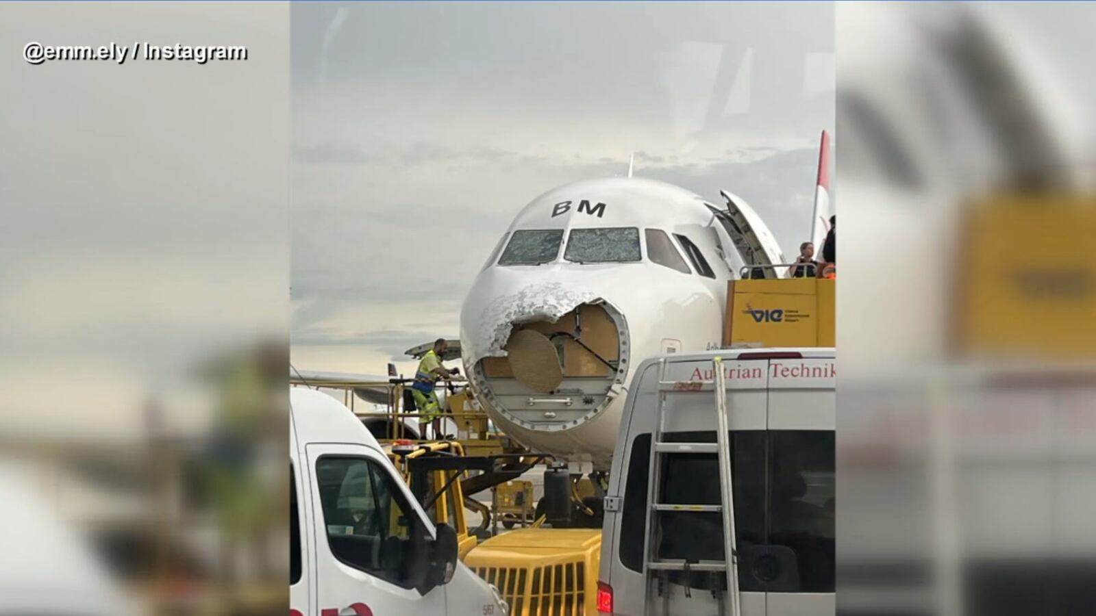 An Austrian Airlines flight made a Mayday call after the plane’s nose and cockpit windows were damaged by hail.