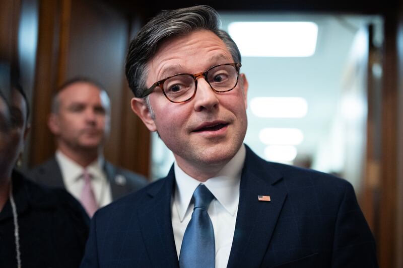 UNITED STATES - SEPTEMBER 3: Speaker of the House Mike Johnson, R-La., talks with reporters at a news conference in the U.S. Capitol after a meeting of the House Republican Conference on Wednesday, September 3, 2025. (Tom Williams/CQ-Roll Call, Inc via Getty Images)