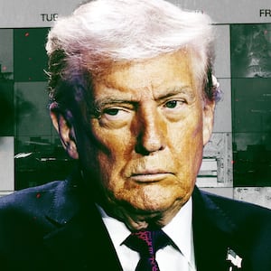 Donald Trump in front of a a collage of bombing photos.