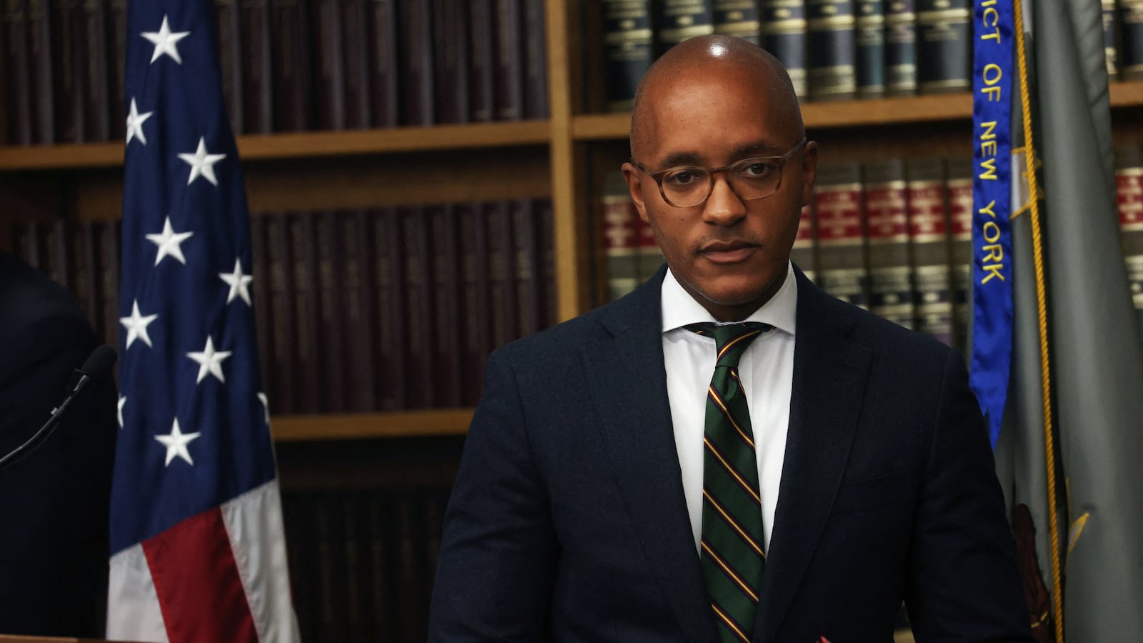 U.S. Attorney for the Southern District of New York Damian Williams appears at a press conference announcing an indictment of Celsius Network founder Alexander Mashinsky