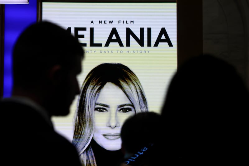 Advertisements for the First Lady's new film are displayed as Melania Trump appears at the New York Stock Exchange (NYSE) where she rang the opening bell on January 28, 2026 in New York City.