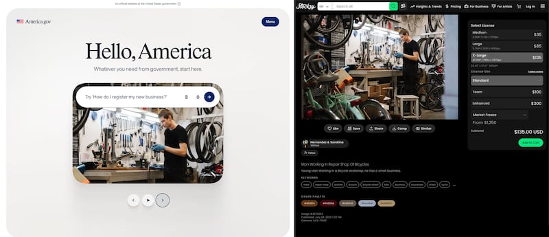 Side by side comparison of a screenshot from America.gov and the Stocksy stock image site where the photograph was found