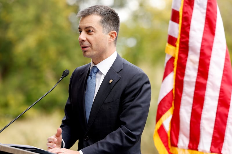 U.S. Secretary of Transportation Pete Buttigieg speaks during a groundbreaking ceremony for a railroad expansion project on October 15, 2024 in Arlington, Virginia.