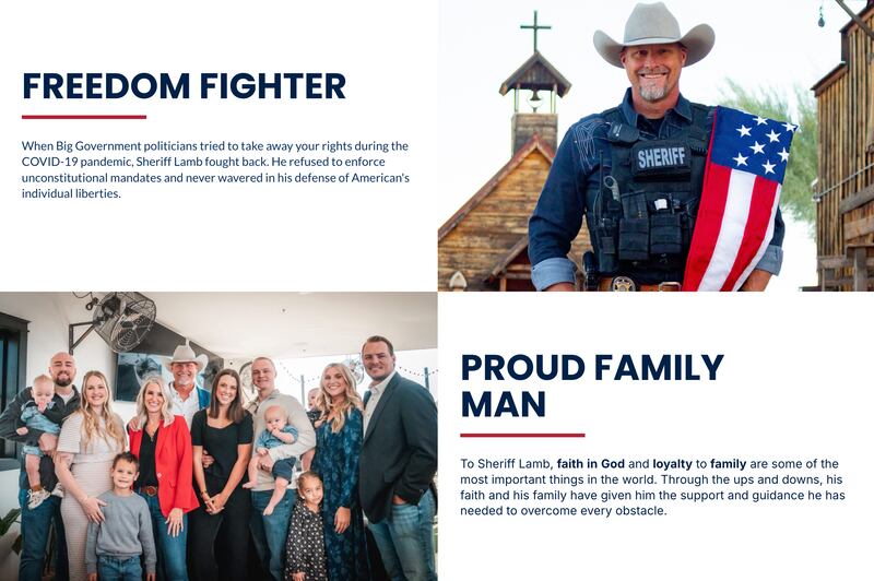 Mark Lamb’s campaign site describes him as a “freedom fighter” and a “proud family man.”