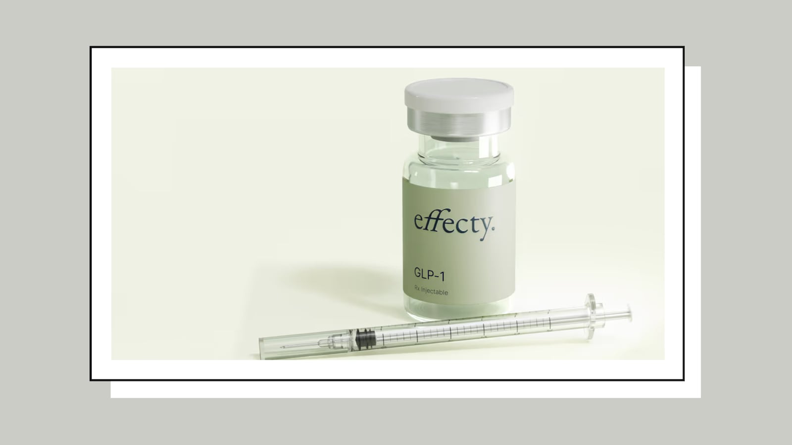 Glass vial labeled “Effecty GLP-1” with injectable medication and a syringe placed on a light background.