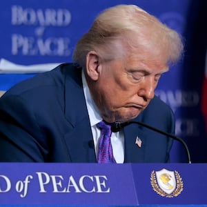President Donald Trump, 79, appears to have his eyes closed as others delivered speeches at the inaugural meeting of the so-called "Board of Peace" on February 19, 2026 in Washington, DC.