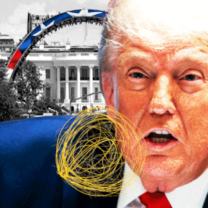 Illo illustration of Donald Trump in front of the UFC stage construction on the White House lawn with a tumbleweed going by