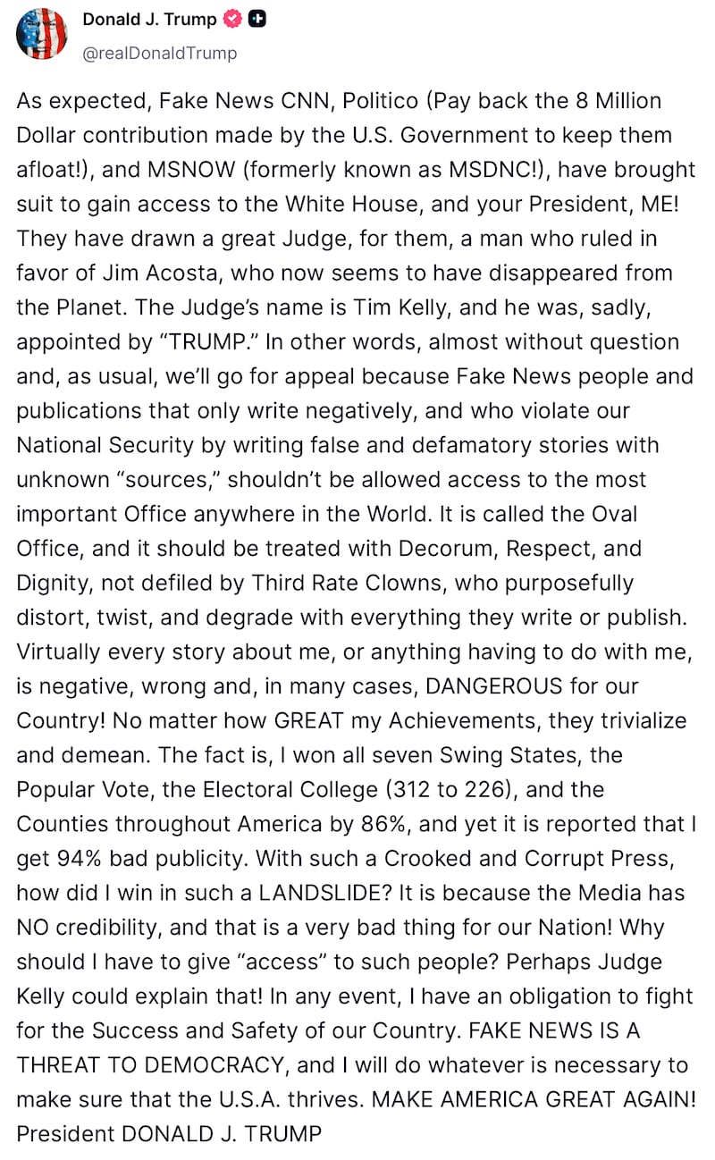 Trump posts about a lawsuit over his media ban.