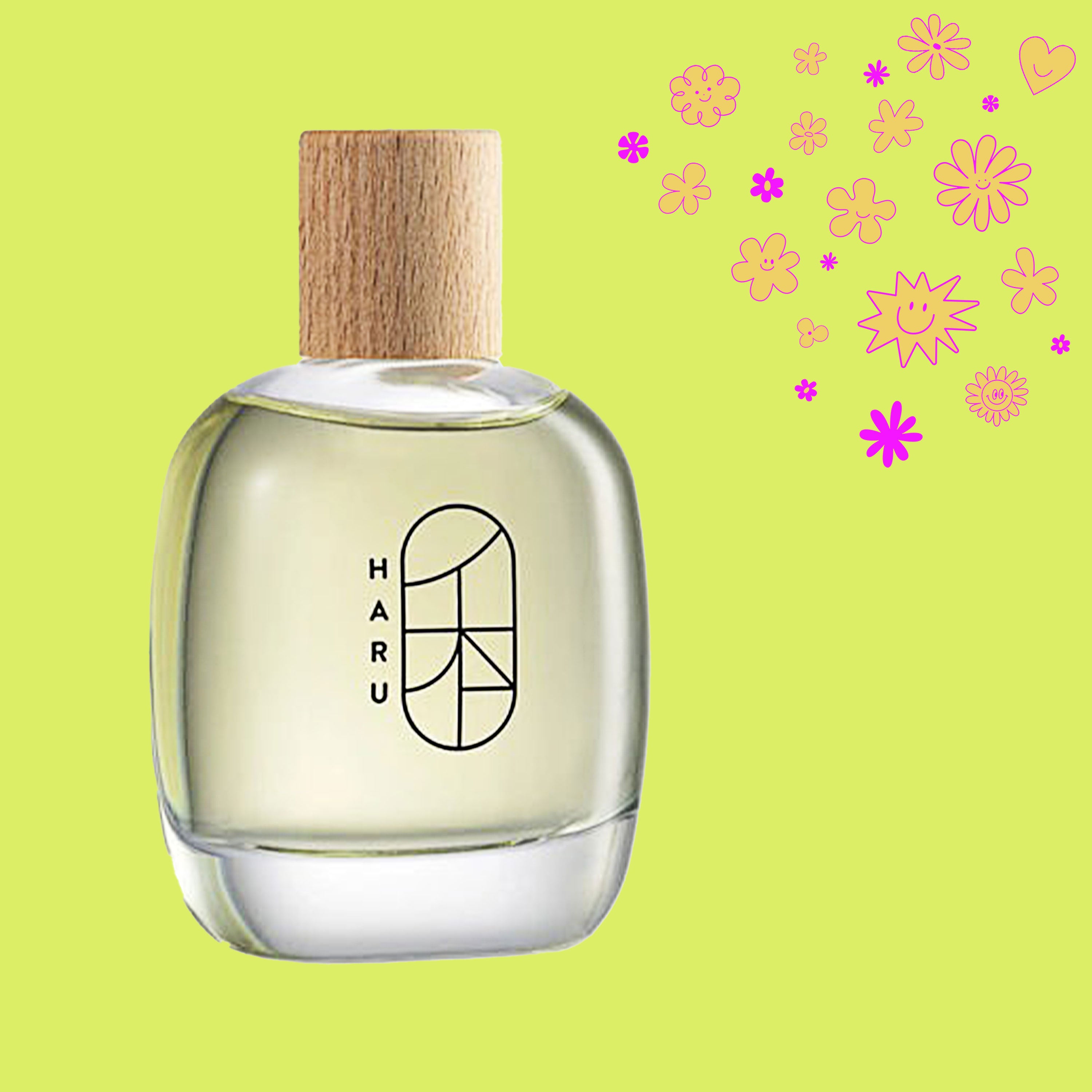 haru perfume on a green background with orange and pink shapes