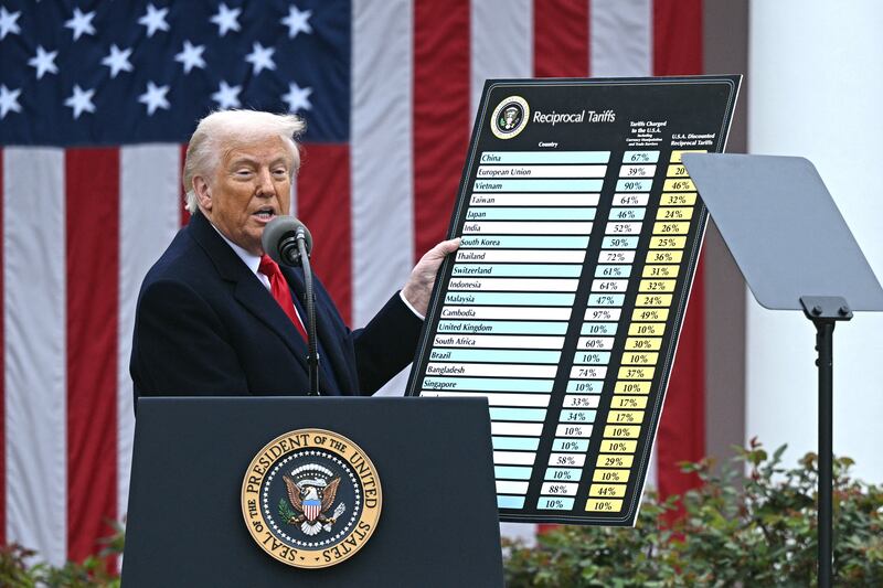President Donald Trump holds a chart as he delivers remarks on reciprocal tariffs at the White House in Washington, DC, on April 2, 2025.