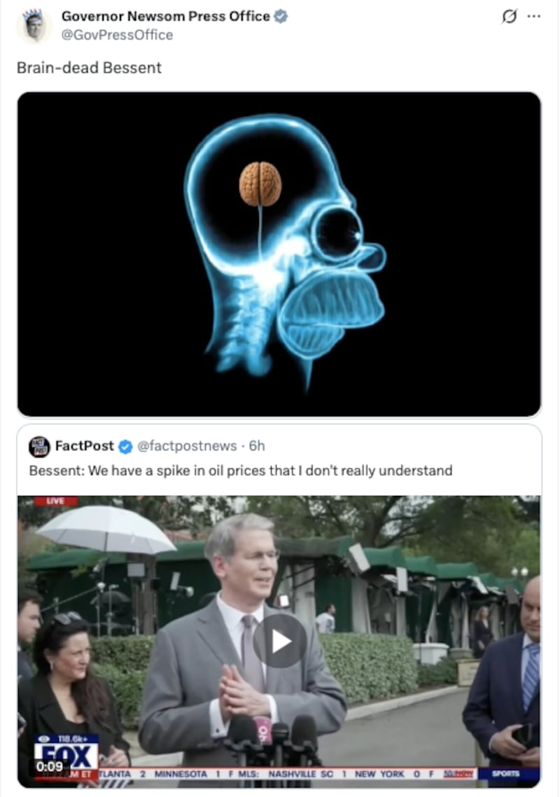 Newsom mocked Bessent's comment.