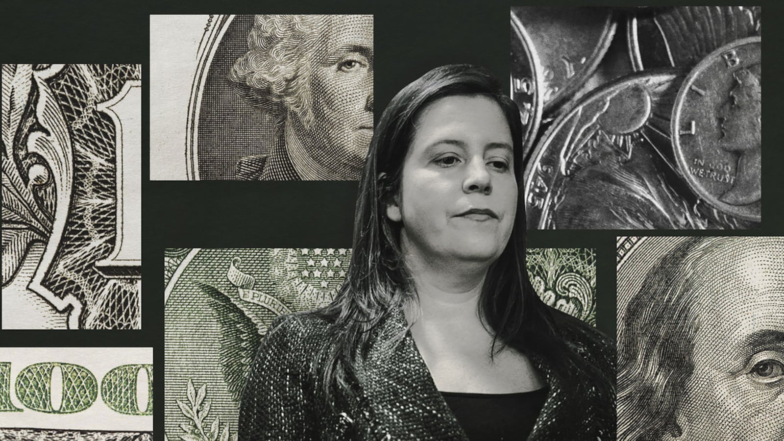 A photo illustration showing Elise Stefanik looking downcast with a collage of close up’s of U.S. currency behind her.
