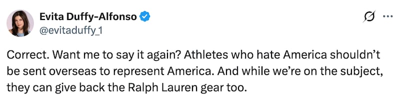 A post on X by Evita Duffy-Alfonso defending her remarks on Newsmax, calling for a screening of U.S. Olympic athletes.