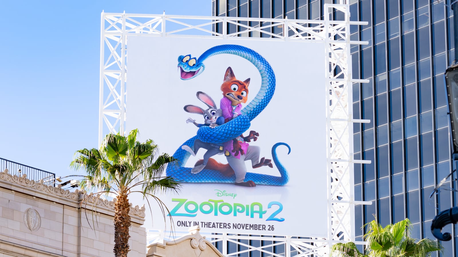 HOLLYWOOD, CA - NOVEMBER 26: General views of a billboard promoting the new Disney animated film 'Zootopia 2' above the El Capitan Entertainment Centre on November 26, 2025 in Hollywood, California. (Photo by AaronP/Bauer-Griffin/GC Images)
