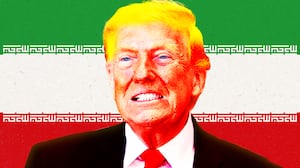 A photo illustration of Trump in front of an Iranian flag.
