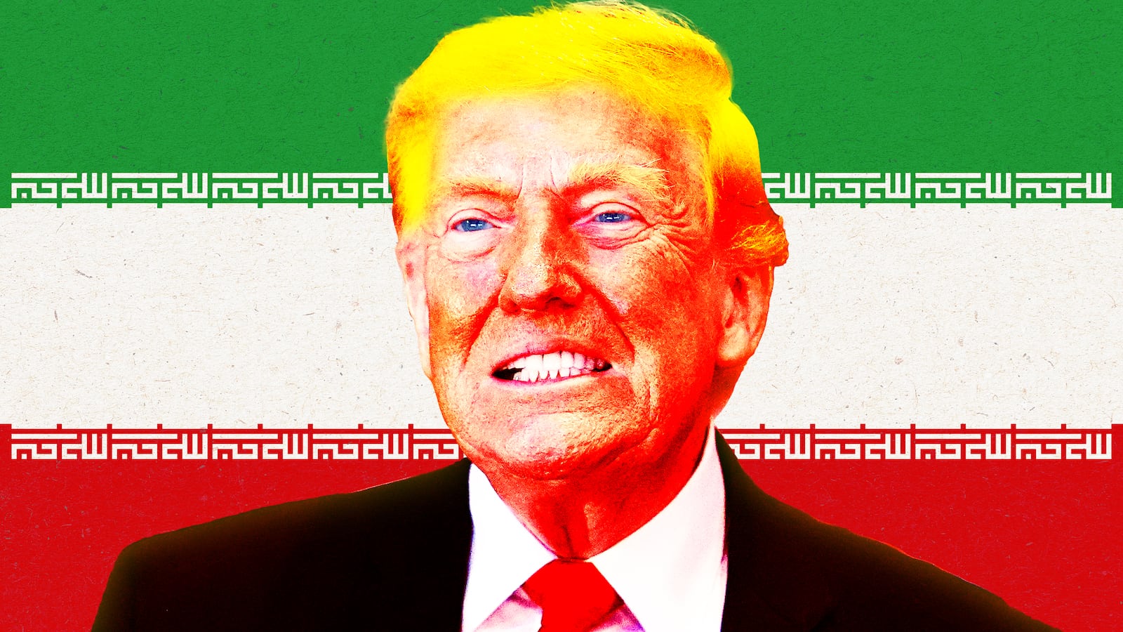 A photo illustration of Trump in front of an Iranian flag.