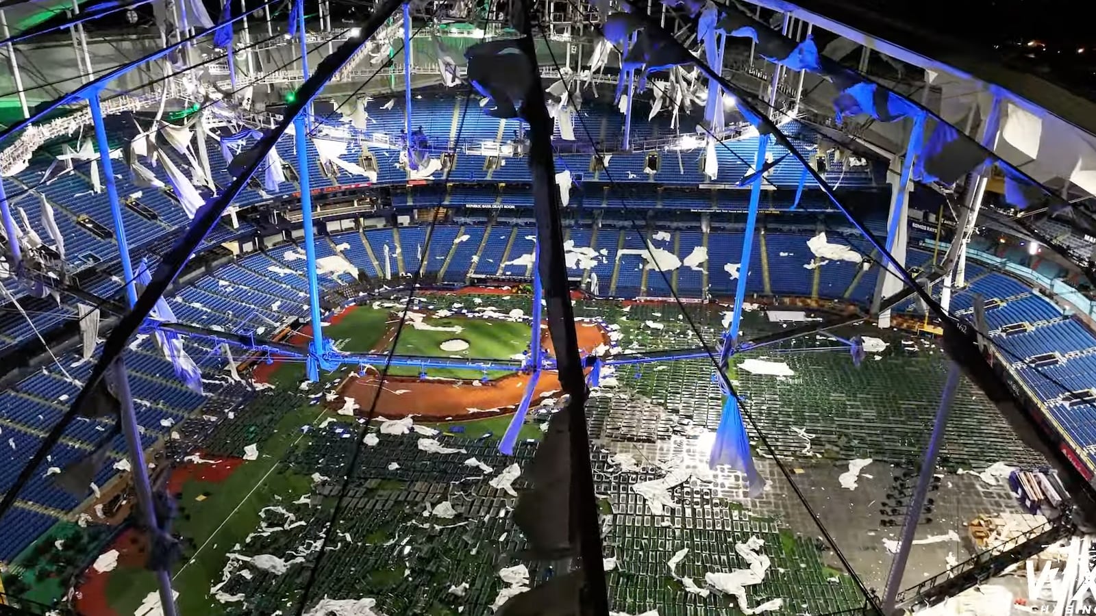 Footage of the Tropicana field ripped to shreds by Hurricane Milton