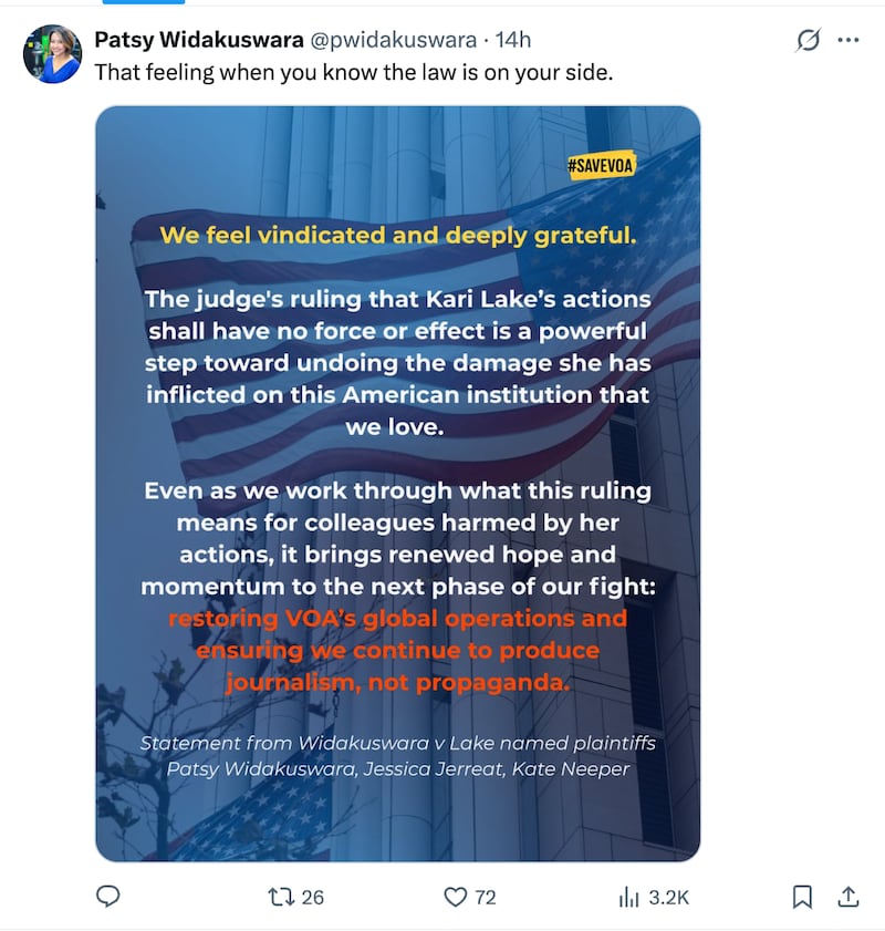 Voice of America White House Bureau Chief Patsy Widakuswara responds to federal judge ruling against USAGM acting CEO Kari Lake.