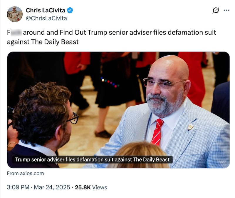F--- and Find Out Trump senior adviser files defamation suit against The Daily Beast