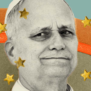 Pope Leo with gold stars on top looking off to the side in an animated gif