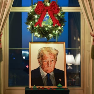 A lego portrait of U.S. President Donald Trump is seen in the Green Room during an advance tour of the 2025 White House Christmas decorations on December 01, 2025 in Washington, DC. The theme for this year's White House Christmas decorations is "Home Is Where The Heart Is."