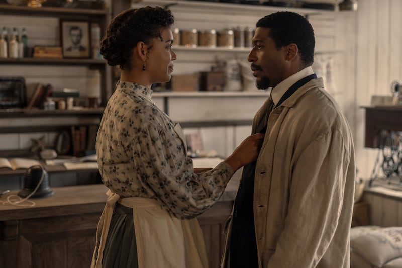 (L-R) Barrett Doss as Emily Henderson and Jocko Sims as Dr. George Tann.