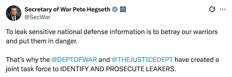 Pete Hegseth foreshadows his sweeping investigation into leaks at the Pentagon on X.