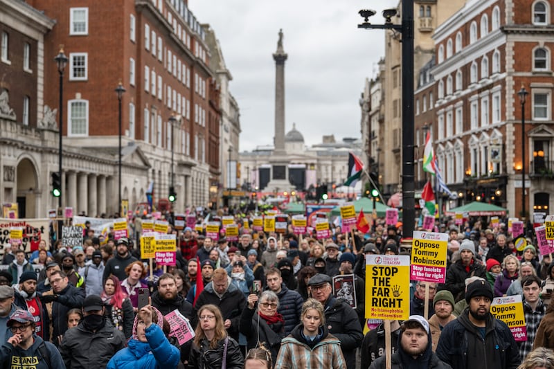 LONDON, ENGLAND - FEBRUARY 1: Anti racists join the Stand Up To Racism counter protest marching towards Whitehall on February 1, 2025 in London, England. Supporters of the far-right activist Tommy Robinson are calling for his release from prison. He is currently serving an 18-month sentence for contempt of court. Stand Up To Racism hold a counter-protest march against the far-right. (Photo by Guy Smallman/Getty Images)