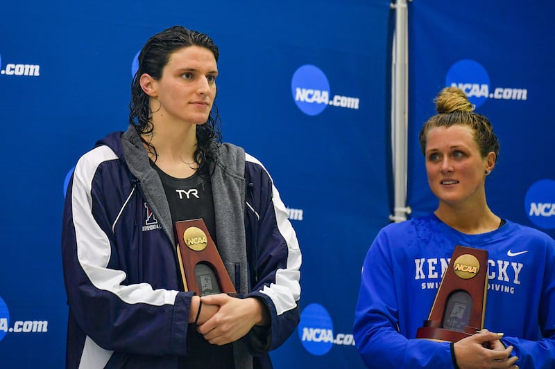 ATLANTA, GA - MARCH 18:  University of Pennsylvania swimmer Lia Thomas and Kentucky swimmer Riley Gaines react after finishing tied for 5th in the 200 Freestyle finals at the NCAA Swimming and Diving Championships on March 18th, 2022 at the McAuley Aquatic Center in Atlanta Georgia.  (Photo by Rich von Biberstein/Icon Sportswire via Getty Images)