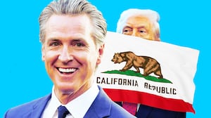 A photo illustration of Gavin Newsom, California flag, and Donald Trump.