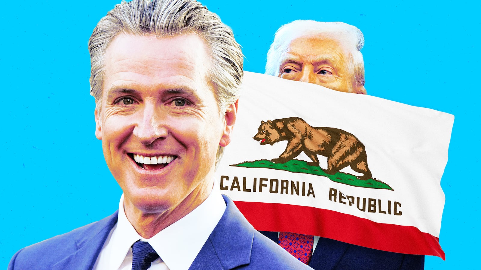 A photo illustration of Gavin Newsom, California flag, and Donald Trump.