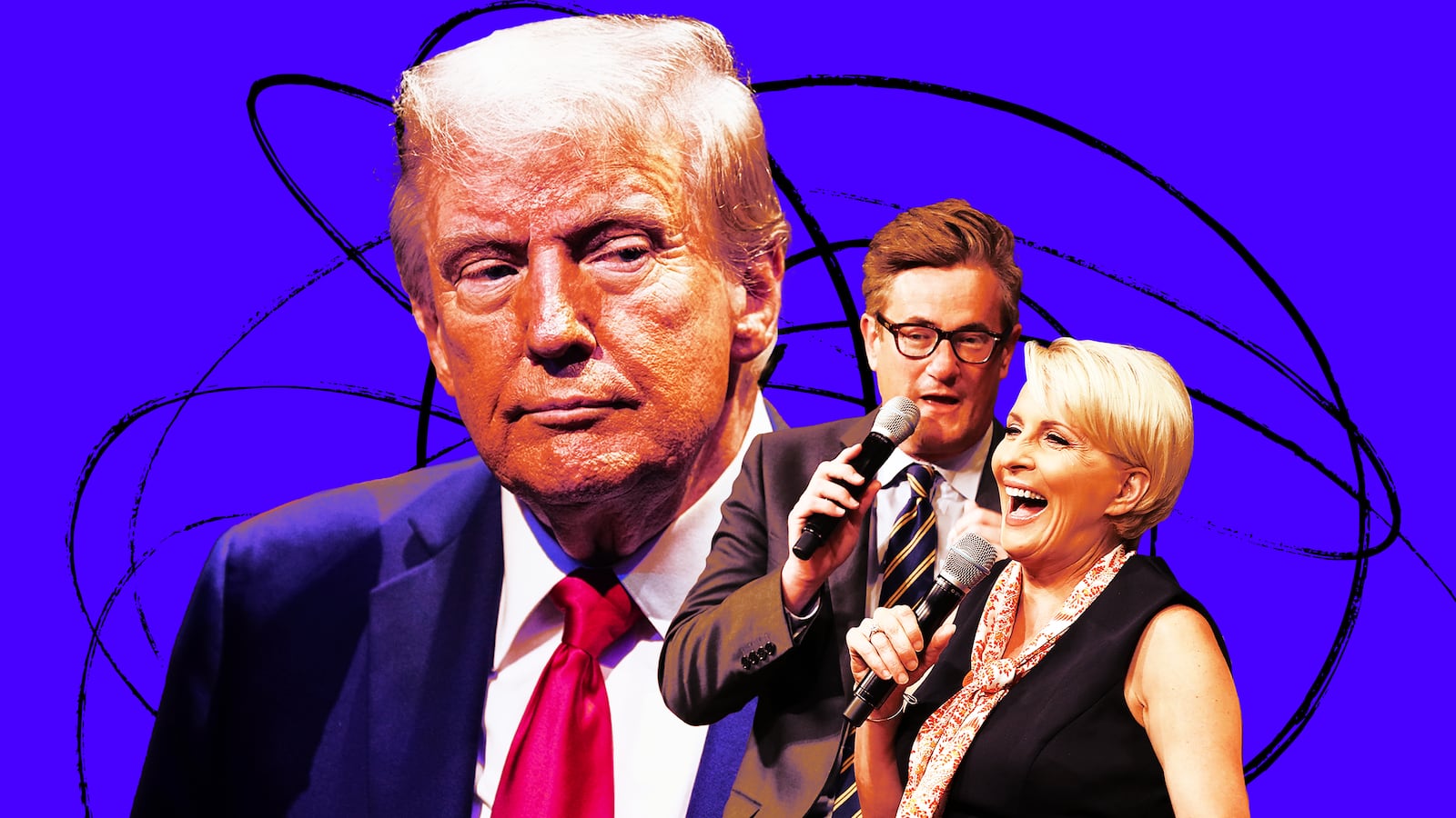 A photo illustration of Donald Trump, Joe Scarborough, and Mika Brzezinski.
