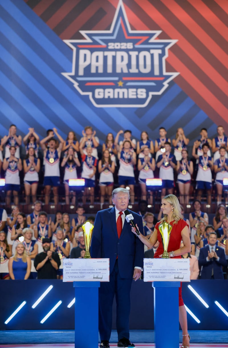 U.S. President Donald Trump speaks during the 2026 Patriot Games final at SPIRE Academy in Geneva, Ohio, U.S., August 11, 2026. REUTERS/Kylie Cooper