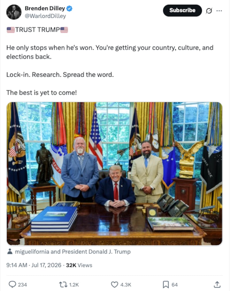 A beaming Trump welcomed Dilley and Beatty into the Oval Office on Thursday before his speech.