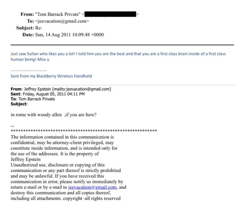 A 2011 email correspondence between Barrack and Epstein.