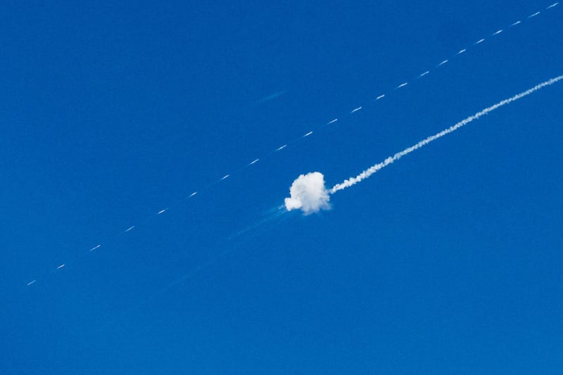 An Israeli air-defence system intercepts an Iranian missile flying towards Israel, amid the U.S.-Israeli conflict with Iran, as seen from Hebron, in the Israeli-occupied West Bank, March 16, 2026. REUTERS/Mussa Qawasma