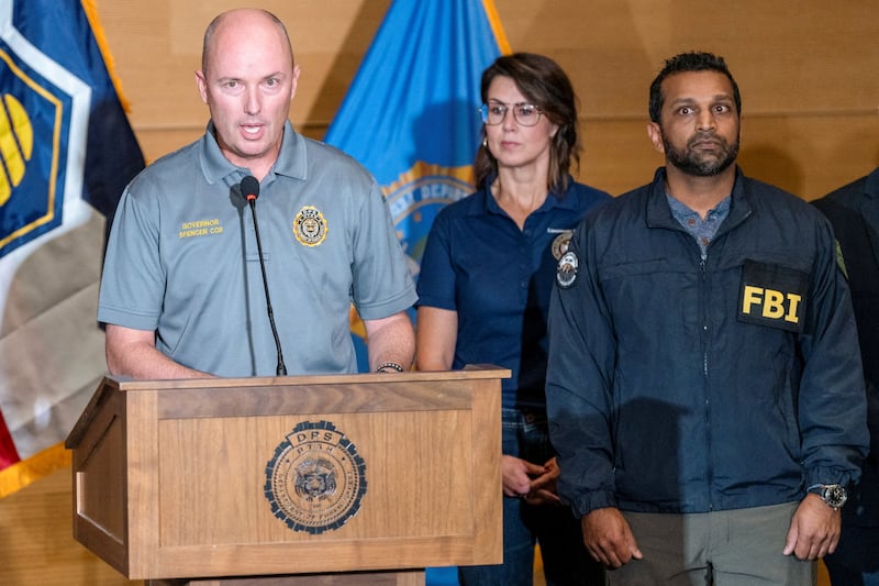 Utah Governor Spencer Cox speaks at a press conference, near FBI Director Kash Patel, at the Utah Valley University, after U.S. right-wing activist and commentator, Charlie Kirk, an ally of U.S. President Donald Trump, was fatally shot during an event at the university, in Orem, Utah, U.S. September 11, 2025.