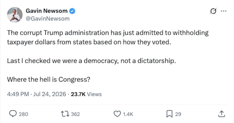 Newsom was among many who spoke out against the "corrupt" Trump administration's cancellation of grants to liberal states simply because they voted for Kamala Harris.