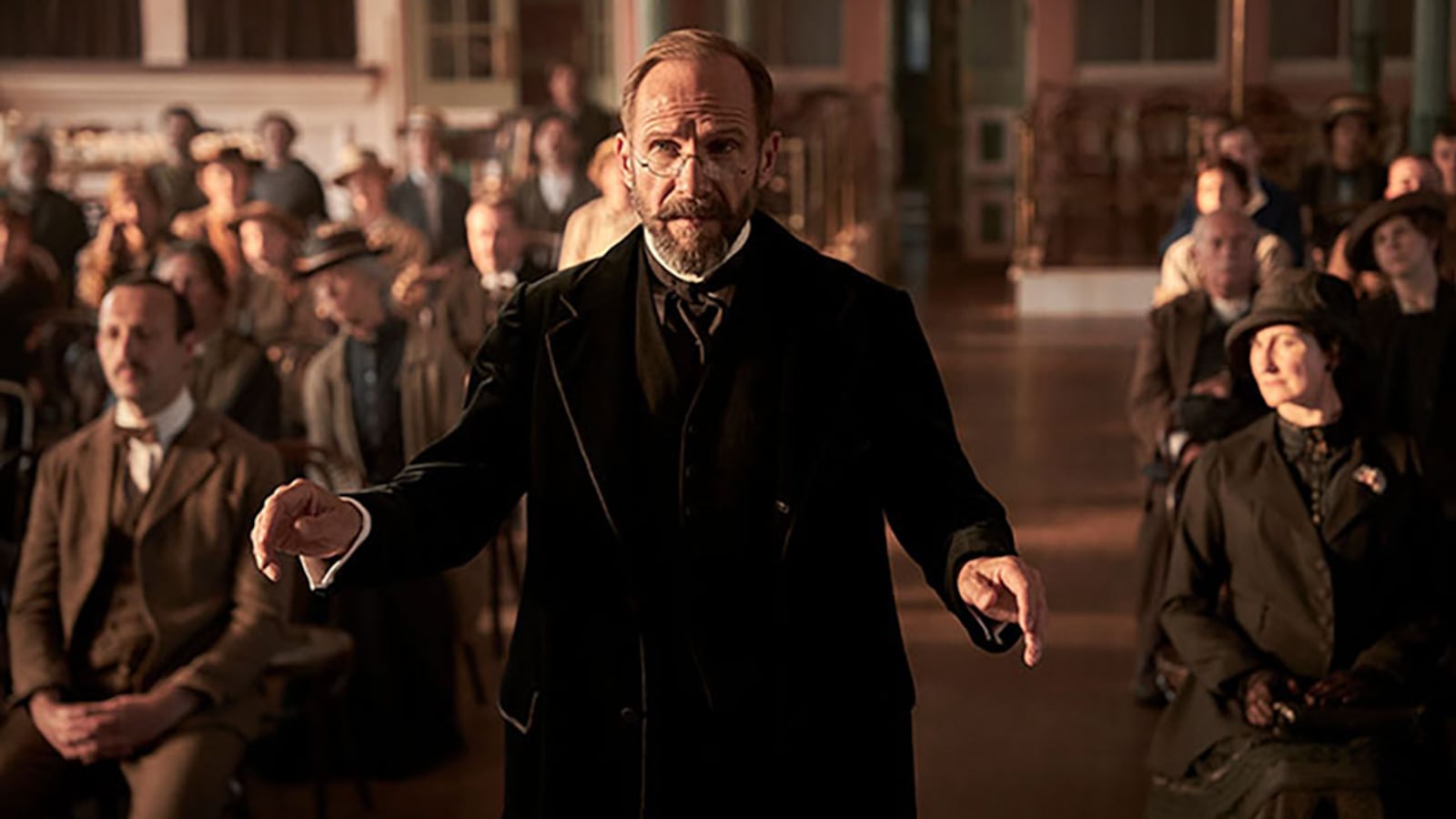 Film still from The Choral starring Ralph Fiennes